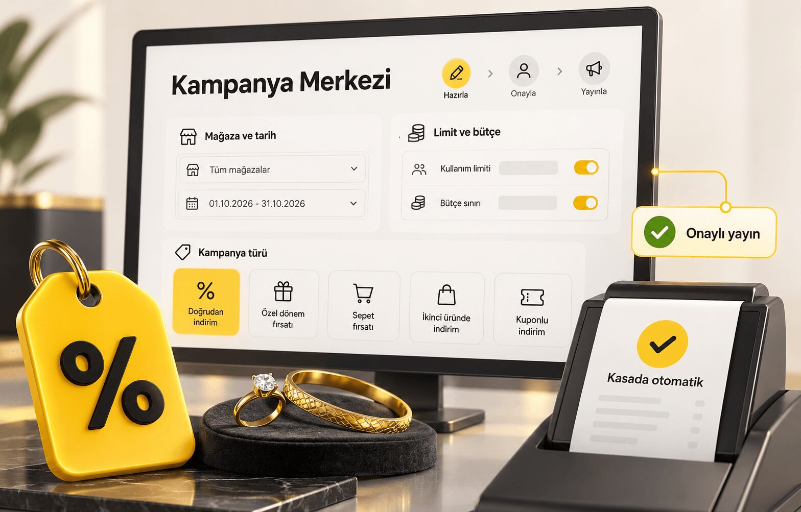 Kampanya Merkezi ekranı: mağaza ve tarih seçimi, limit ve bütçe, kampanya türleri ve onaylı yayın