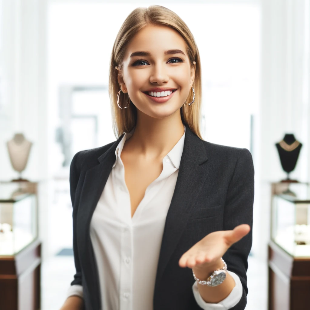 Dall·e 2024 04 19 12.31.55 A Young Blonde Joyfully Welcoming Woman Standing At The Entrance Of A Luxury Jewelry Store. The Background Is Completely White Emphasizing Her Chee