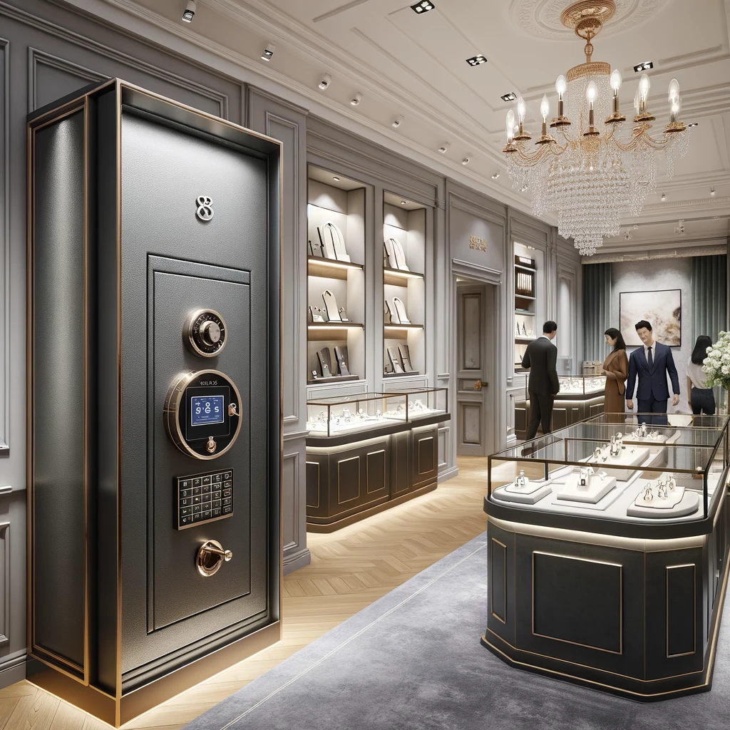 Dall·e 2024 04 21 14.50.59 A Luxurious Jewelry Store Interior Showcasing A High End Safe Positioned Against A Side Wall Near The Back. The Store Features Elegant Display Cases W