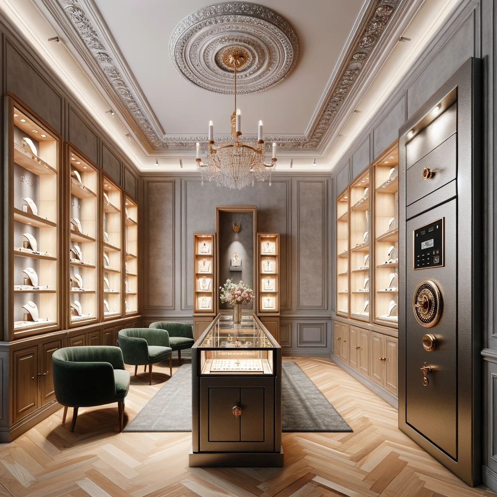 Dall·e 2024 04 21 15.37.17 Create An Image That Depicts The Interior Of An Elegant And Luxurious Jewelry Store. The Scene Should Have A Neutral Color Palette With Grey Walls And